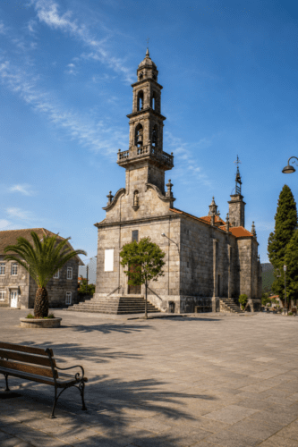 Iglesia de Fornelos de Montes y plaza principal en un día soleado, con arquitectura tradicional gallega de piedra y ambiente tranquilo en el corazón del municipio.