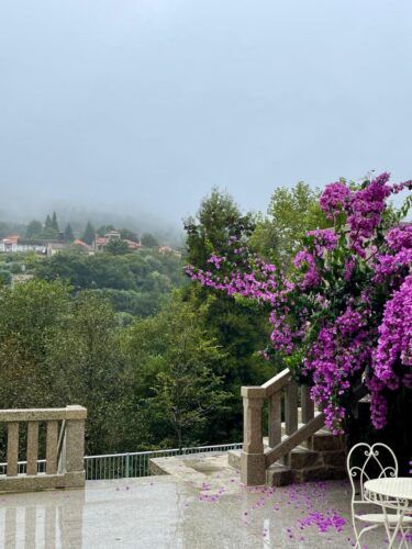 Exterior de la Villa Boutique 1880 en un día lluvioso, con buganvillas en flor y vistas al verde de Gaxate.