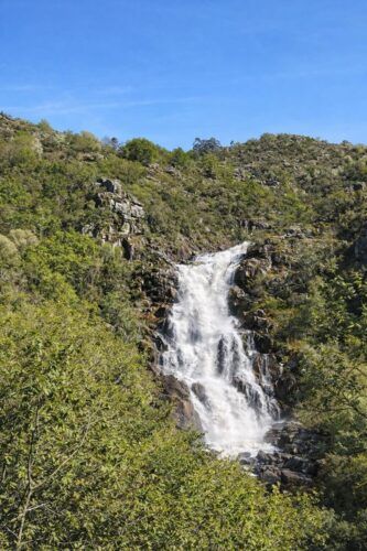 Cascada de Liñares en A Lama, Pontevedra, rodeada de vegetación en un entorno natural de Galicia