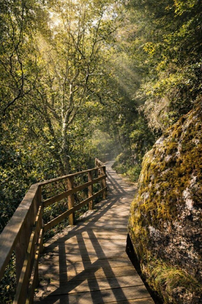 Sendero de madera en la ruta hacia la Fervenza de Liñares en el río Oitavén cerca de Villa Boutique 1880 en Gaxate