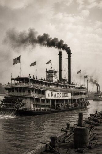 Barco de vapor navegando por el río Mississippi en el siglo XIX