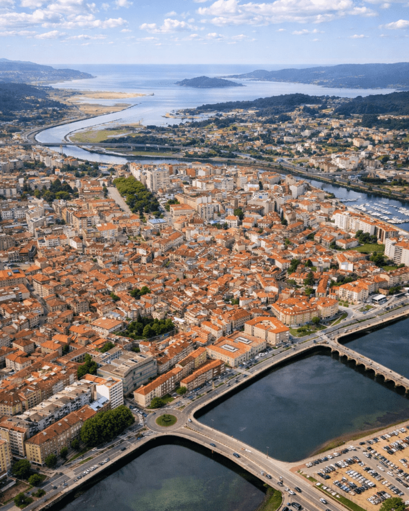 Vista panorámica de Pontevedra desde las Rías Baixas con el casco urbano, el puerto y el mar en un día soleado en Galicia.