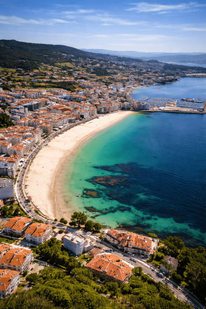 Vista de Sanxenxo y la playa de Silgar.