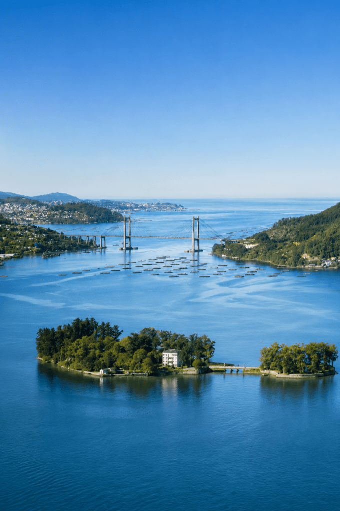 Vista panorámica de las islas de San Simón y San Antón en la ría de Vigo con el Puente de Rande al fondo