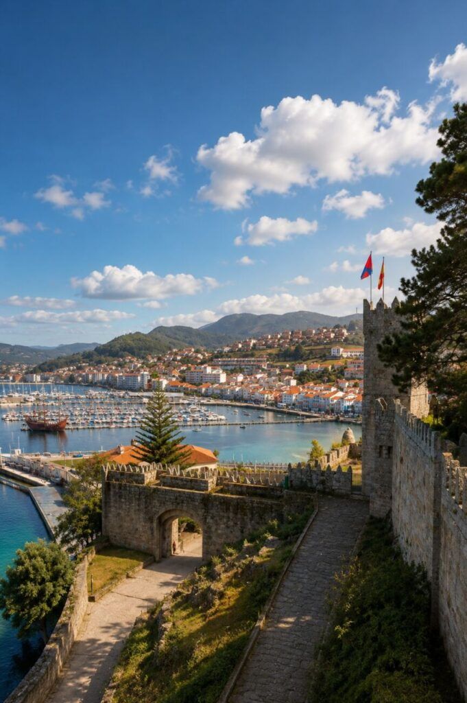 Vista de la fortaleza de Monterreal y el puerto de Baiona desde las murallas, con el mar y las montañas de las Rías Baixas al fondo