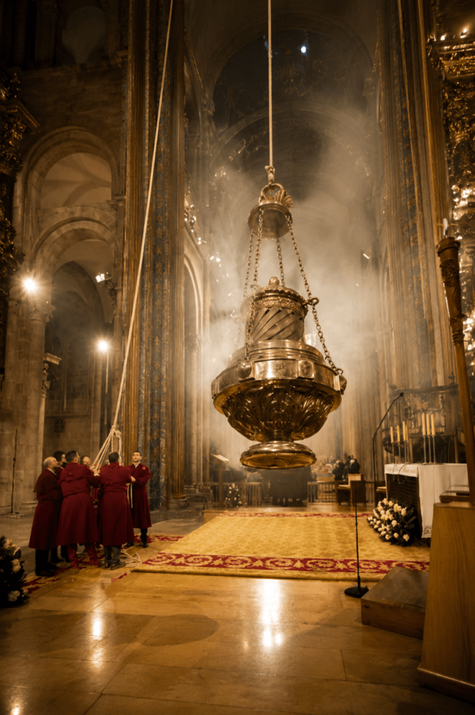 Botafumeiro en el interior de la Catedral de Santiago de Compostela durante la ceremonia, suspendido entre incienso y luz cálida bajo las bóvedas del templo.