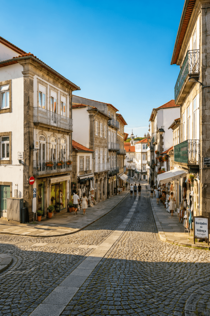 Calle empedrada y edificios tradicionales dentro de la fortaleza de Valença do Minho, Portugal