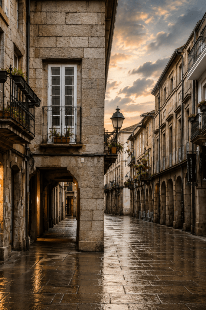 Calle histórica del casco antiguo de Santiago de Compostela con soportales de piedra, balcones de forja y pavimento mojado bajo un cielo editorial al atardecer.