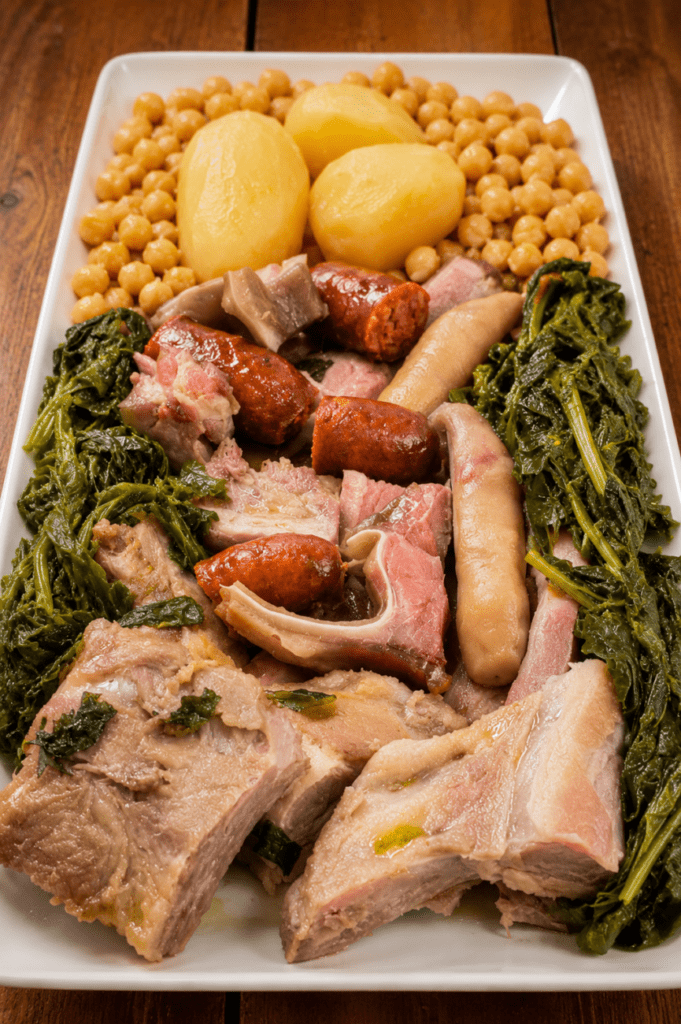 Cocido gallego tradicional servido en Restaurante Casa Pipeiro en Ponte Caldelas, con grelos, garbanzos, patatas y carnes típicas de Galicia.