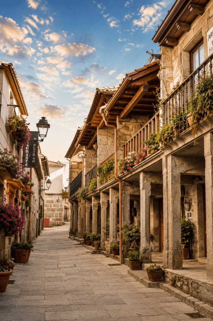 Calle tradicional de Combarro con casas de piedra, balcones con flores y soportales restaurados bajo un cielo cálido al atardecer en las Rías Baixas de Galicia.