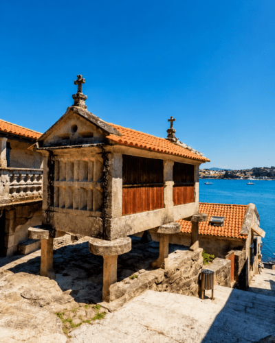Hórreo tradicional de piedra en Combarro con vistas a la ría, tejados de teja y el mar azul de las Rías Baixas en un día soleado.