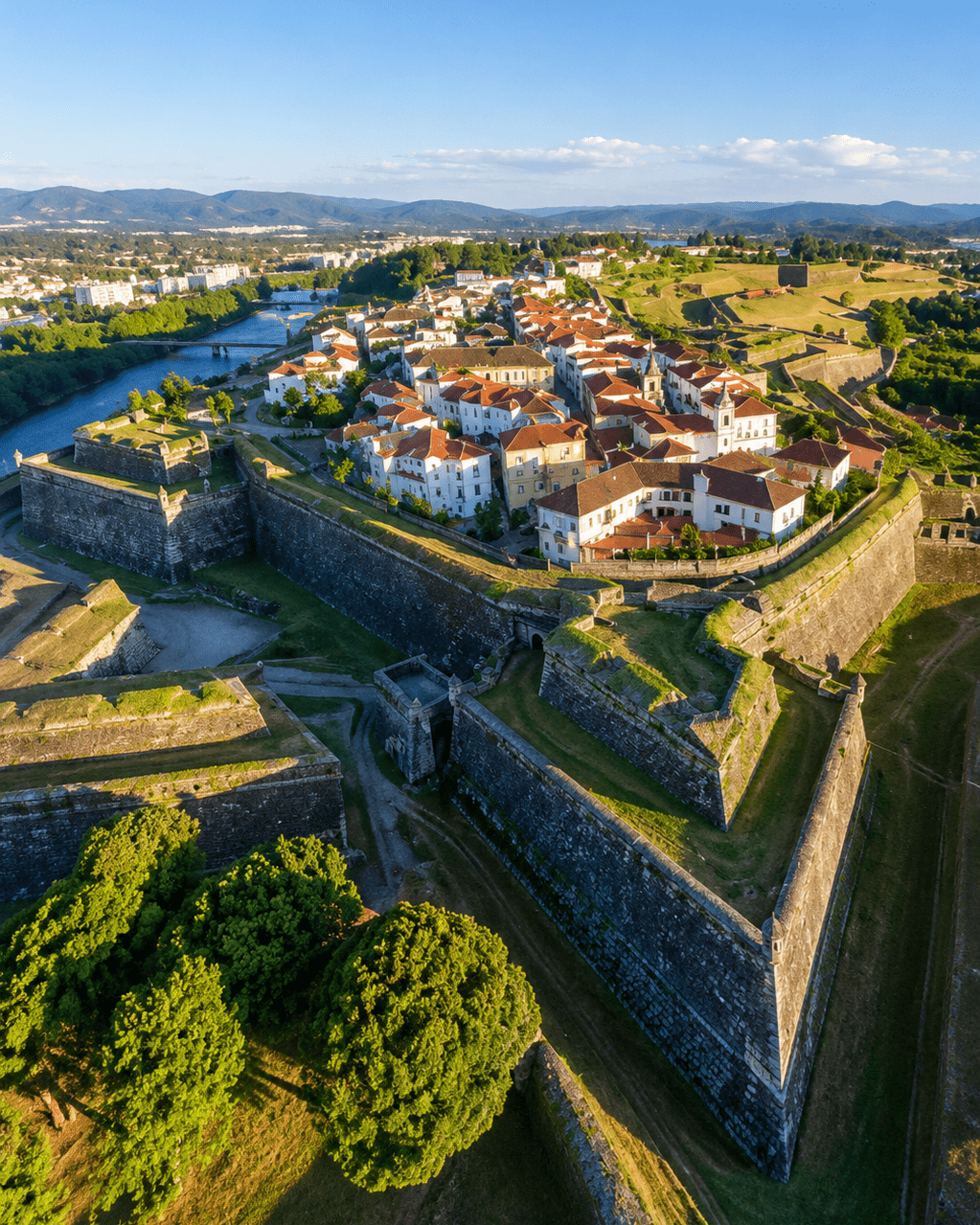 Vista aérea de la fortaleza de Valença do Minho junto al río Miño y la frontera entre Portugal y Galicia