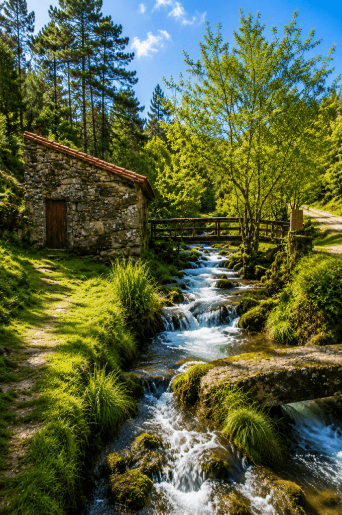 Molino tradicional y arroyo en el entorno natural del Monte Aloia en Tui