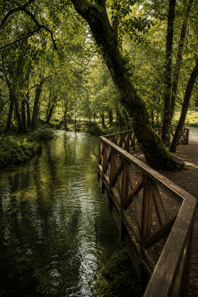 Pasarela de madera junto a un río rodeado de bosque frondoso en Ponte Caldelas, con reflejos verdes y ambiente tranquilo en Galicia.