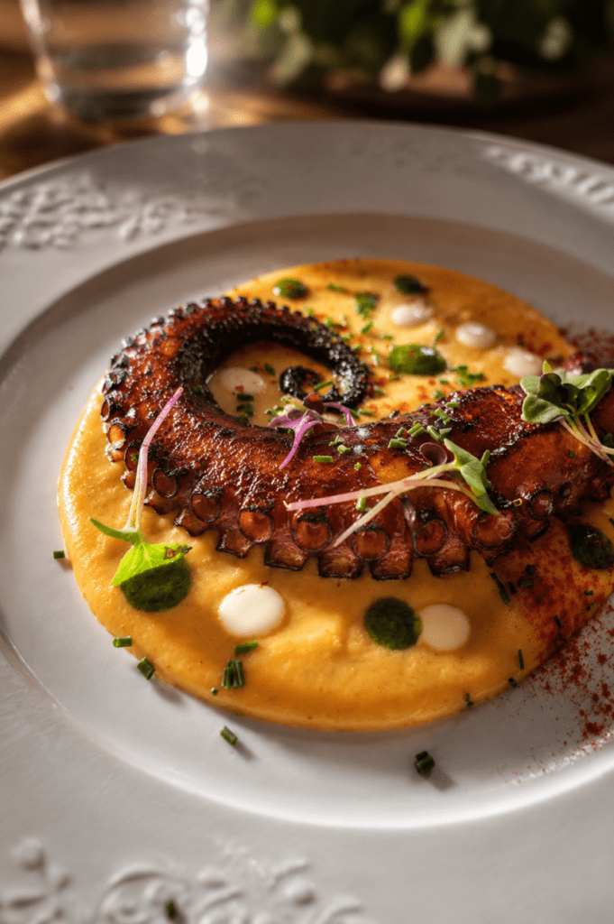 Pulpo a la brasa sobre crema suave con brotes y emulsiones, presentado de forma elegante en O Trago Largo, restaurante en Ponte Caldelas