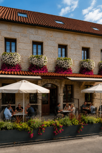 Restaurante Casa Pipeiro en Ponte Caldelas con terraza exterior y cocina tradicional gallega.