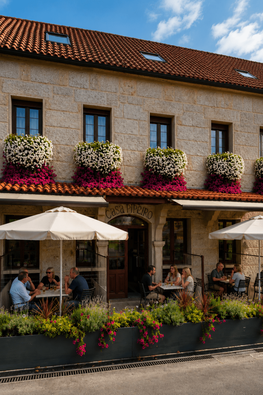 Restaurante Casa Pipeiro en Ponte Caldelas con terraza exterior y cocina tradicional gallega.