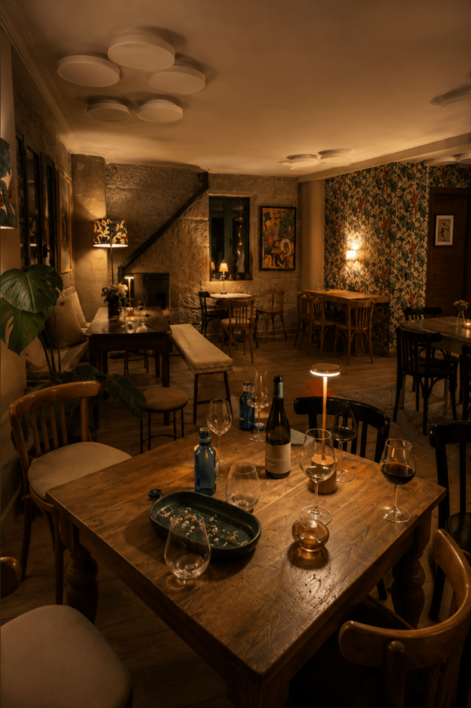 Restaurante O Trago Largo en Ponte Caldelas con iluminación tenue, mesas de madera y ambiente acogedor