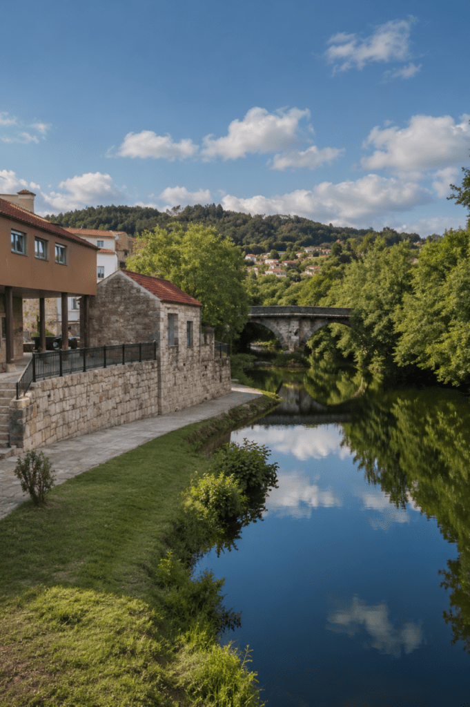 Río de Ponte Caldelas reflejando el cielo y el puente de piedra, con arquitectura tradicional gallega y vegetación frondosa en un día soleado