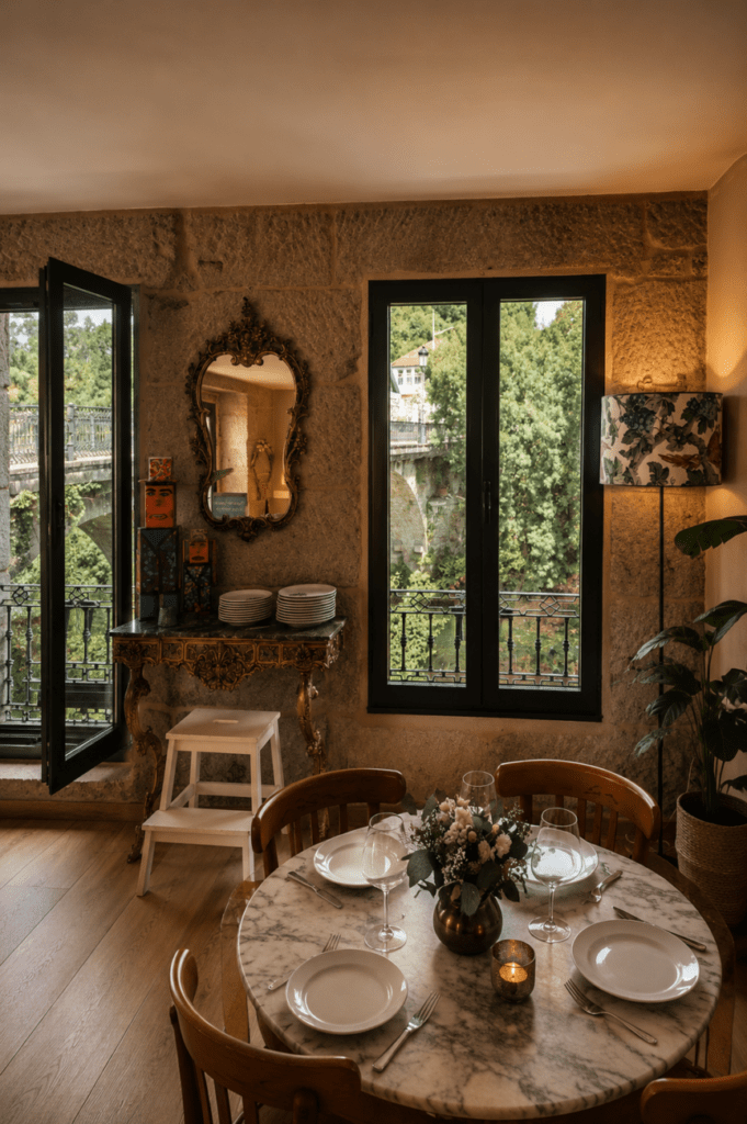 Interior elegante de O Trago Largo en Ponte Caldelas con mesa de mármol, paredes de piedra y vistas al puente