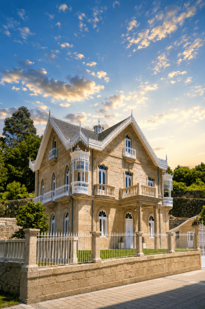 Villa Boutique 1880, villa indiana restaurada en Gaxate (A Lama), con arquitectura histórica gallega, jardines y cielo al atardecer en las Rías Baixas.
