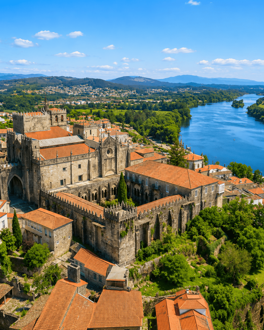 Vista aérea de la Catedral de Santa María de Tui junto al río Miño y el casco histórico de la ciudad
