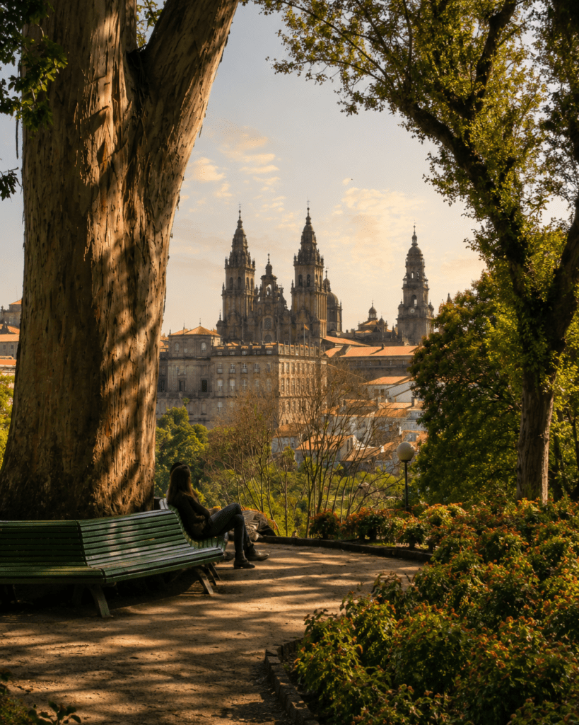 Vista de la Catedral de Santiago de Compostela desde la Alameda, enmarcada entre árboles centenarios y jardines bajo una luz cálida de atardecer.