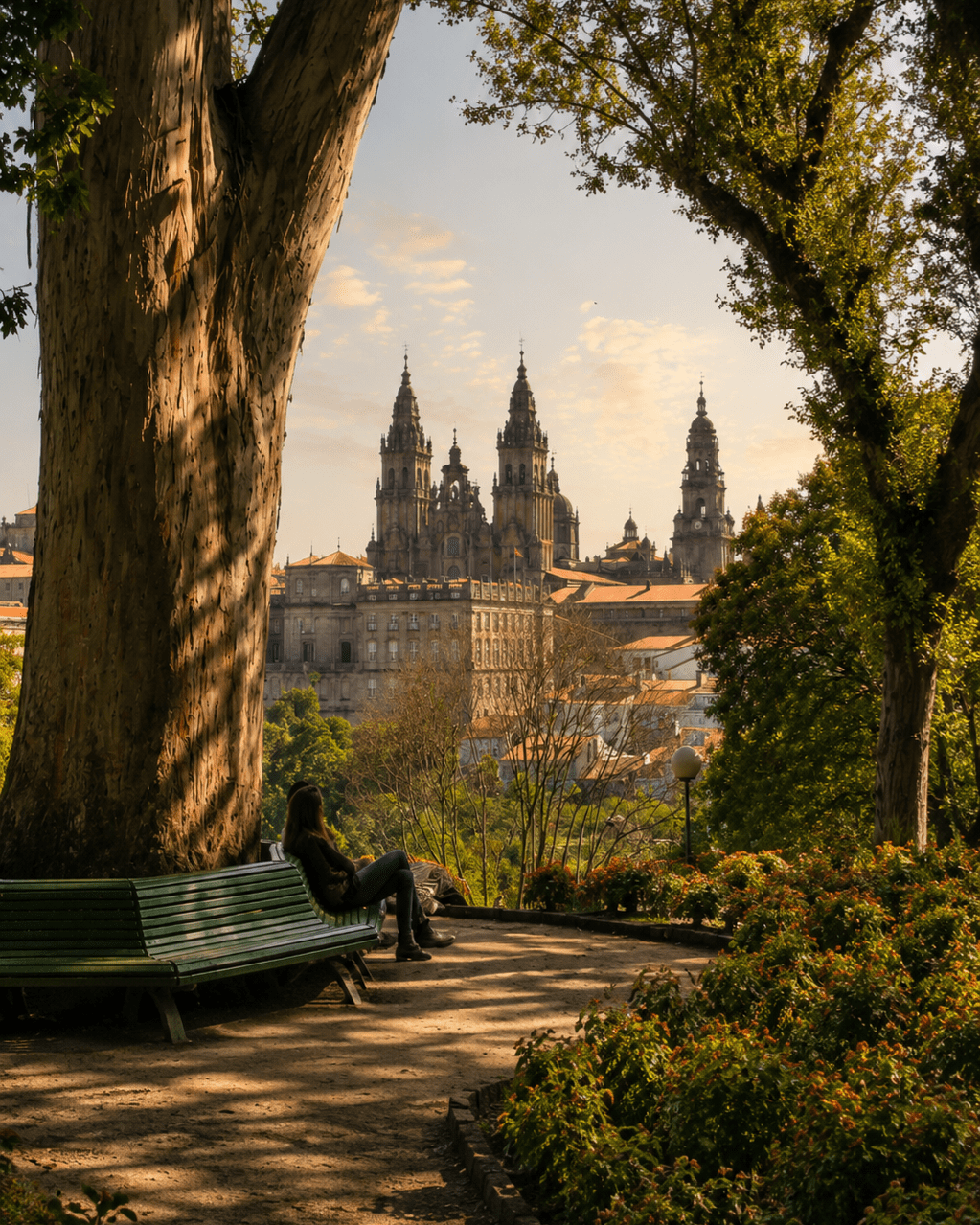 Vista de la Catedral de Santiago de Compostela desde la Alameda, enmarcada entre árboles centenarios y jardines bajo una luz cálida de atardecer.