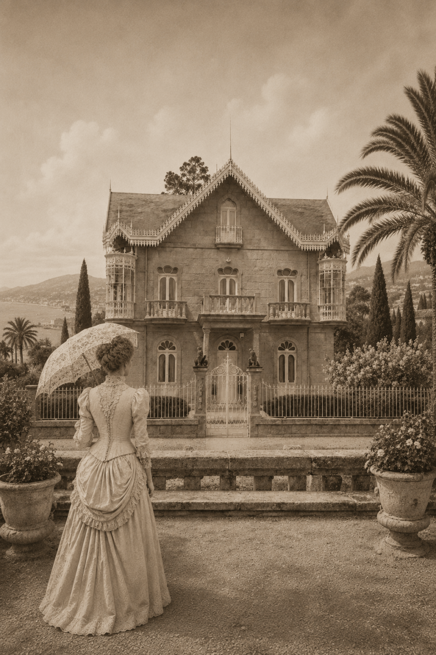 Recreación de Agripina Contreras Piñeiro contemplando una villa en la Riviera Francesa a finales del siglo XIX