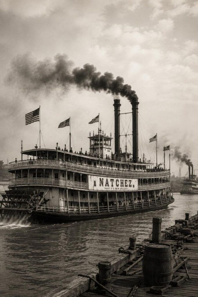 barco de vapor navegando en el rio mississippi en el siglo XIX